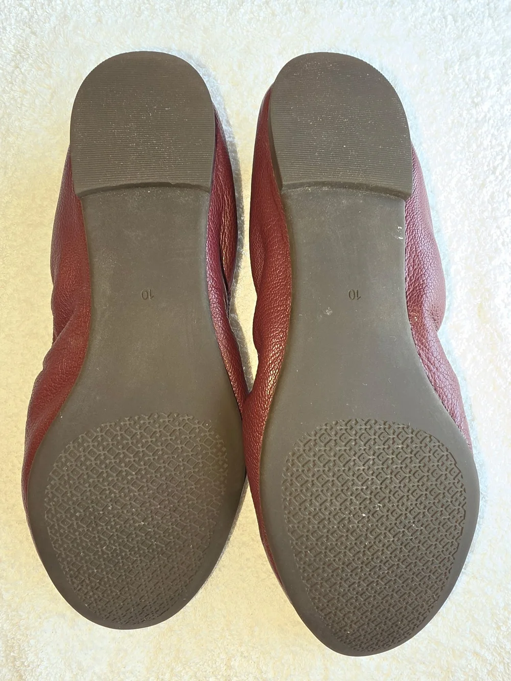 Tory Burch Burgundy Leather Round-Toe Ballet Flats with Gold Logo